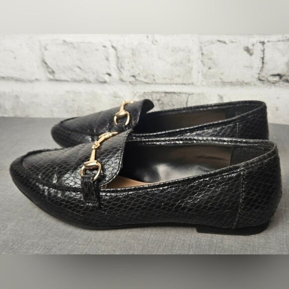 Chic Black Faux Snakeskin Loafers | Gold Bit Detail | Classic Size 8 Flats - Picture 4 of 11